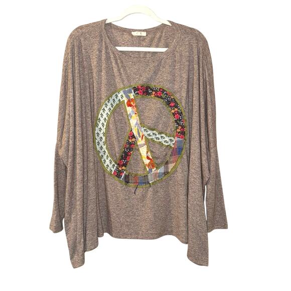 Easel Oversized Flowy Boho Asymmetrical Hem Peace Sign Brown Shirt Size Small - Picture 1 of 8